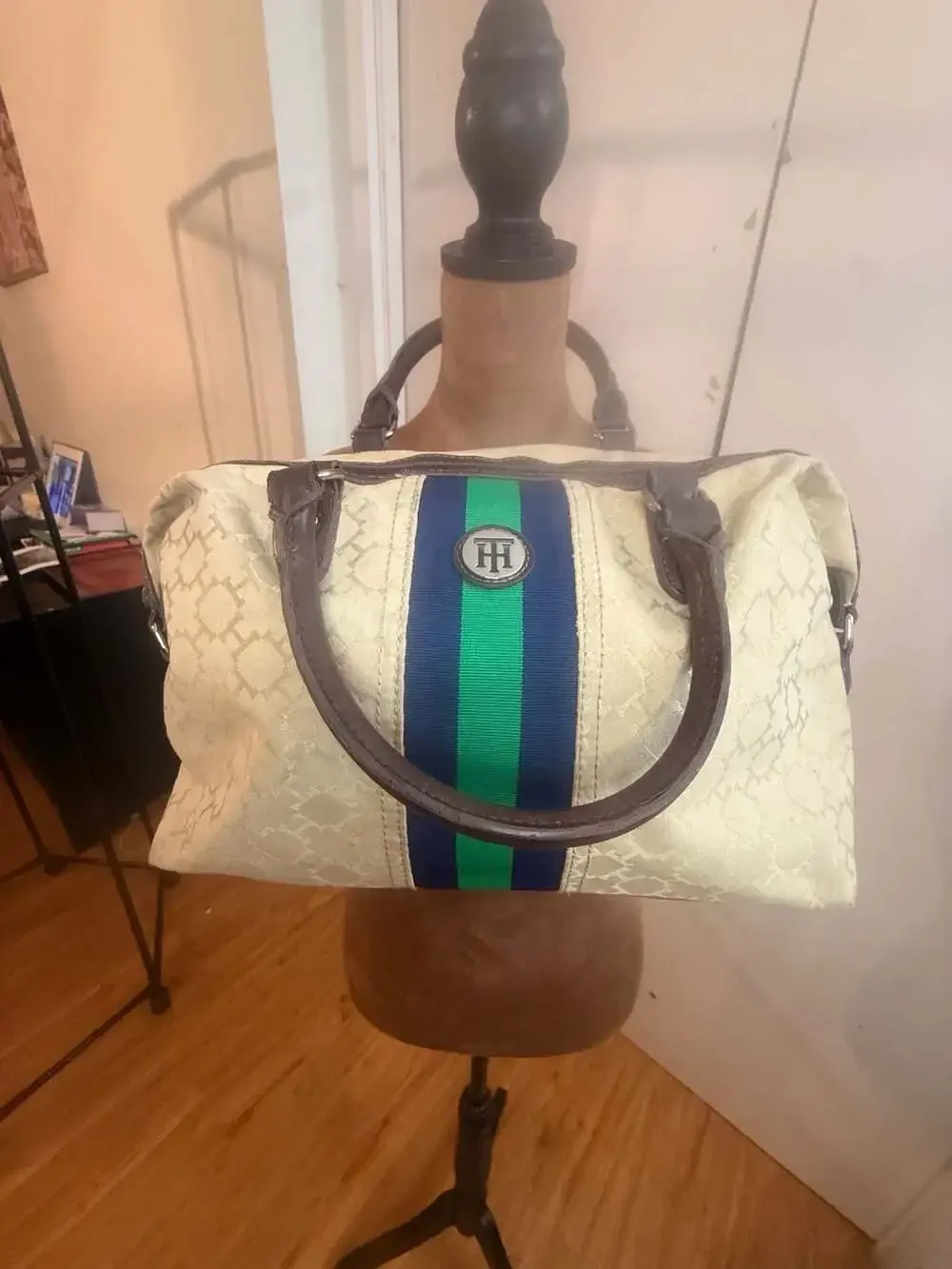 Tommy Hilfiger Monogram Canvas Satchel Handbag with Blue and Green Stripe